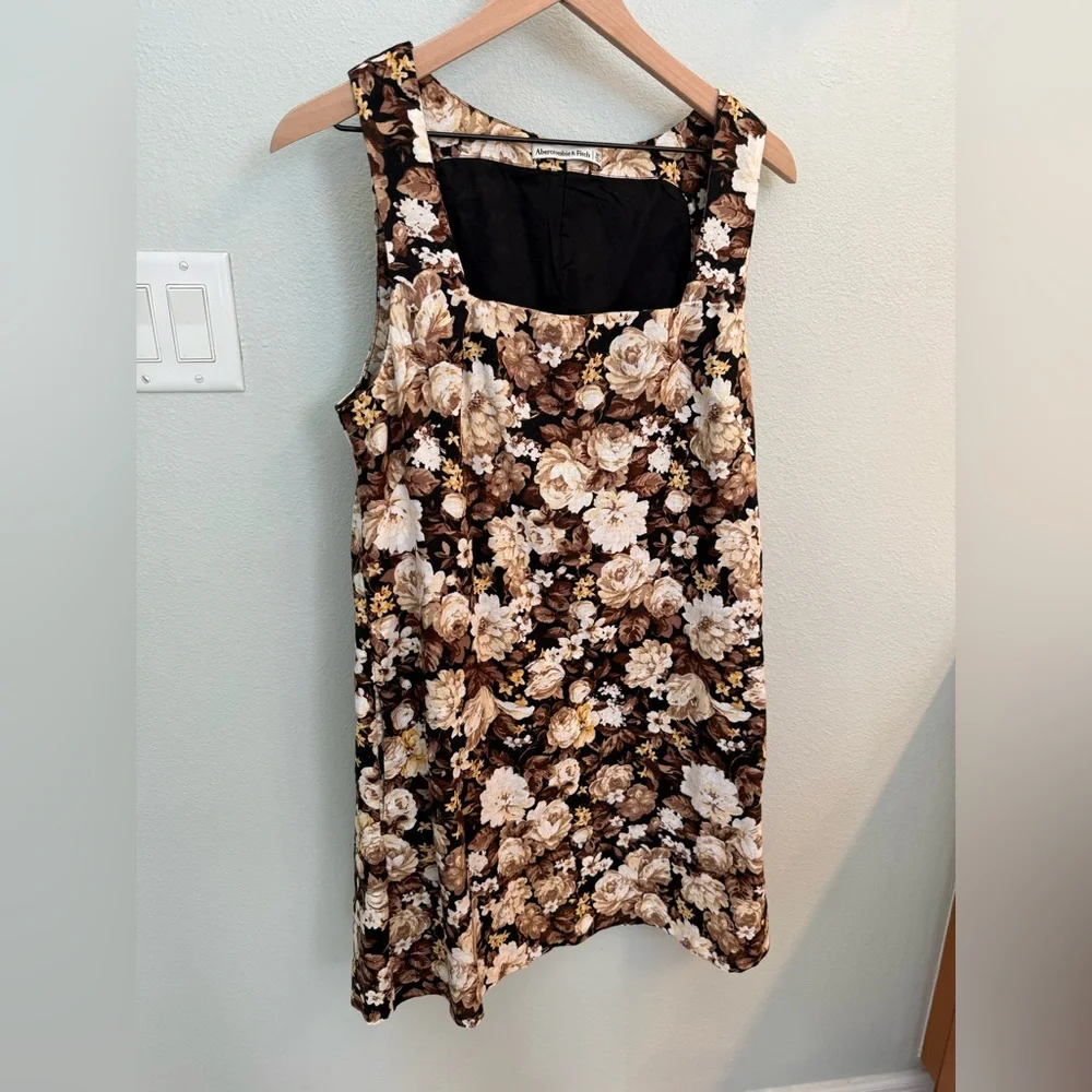 Abercrombie and Fitch Linen-Blend Wide Strap Brown Floral Shift Dress nwot SZ MT - Picture 3 of 5